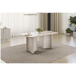 Mesa Multiuso Cozinha Liz c/ Tampo Madeirado c/ Vidro Curvo 180x100cm Off White/Off White - DJ Móveis