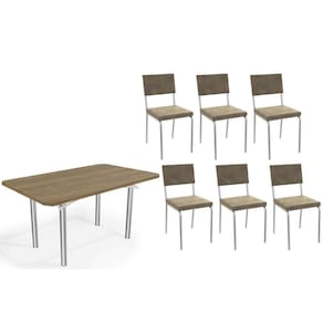 Conjunto: Mesa de Cozinha Elba c/ Tampo de Madeira 160cm e 6 Cadeiras Zaria Cromada/Nogueira - Suede Bege - Kappesberg