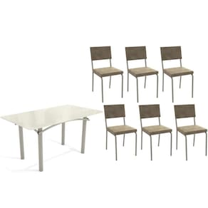 Conjunto: Mesa de Cozinha Elba Tampo Madeirado c/ Vidro 160cm e 6 Cadeiras Zaria Niquel/Off White - Suede Bege - Kappesberg