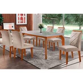 Conjunto: Mesa Sala Jantar Londrina Tampo Madeirado c/ Vidro Curvo 120x80 e 4 Cadeiras Melissa Imbuia/Suede Creme - Rufato