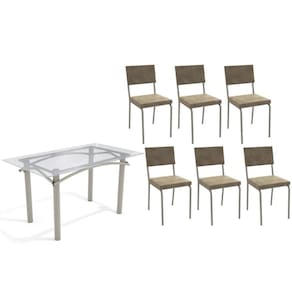 Conjunto: Mesa Sala Jantar Elba c/ Tampo de Vidro 140cm e 6 Cadeiras Zaria Niquel - Suede Bege - Kappesberg