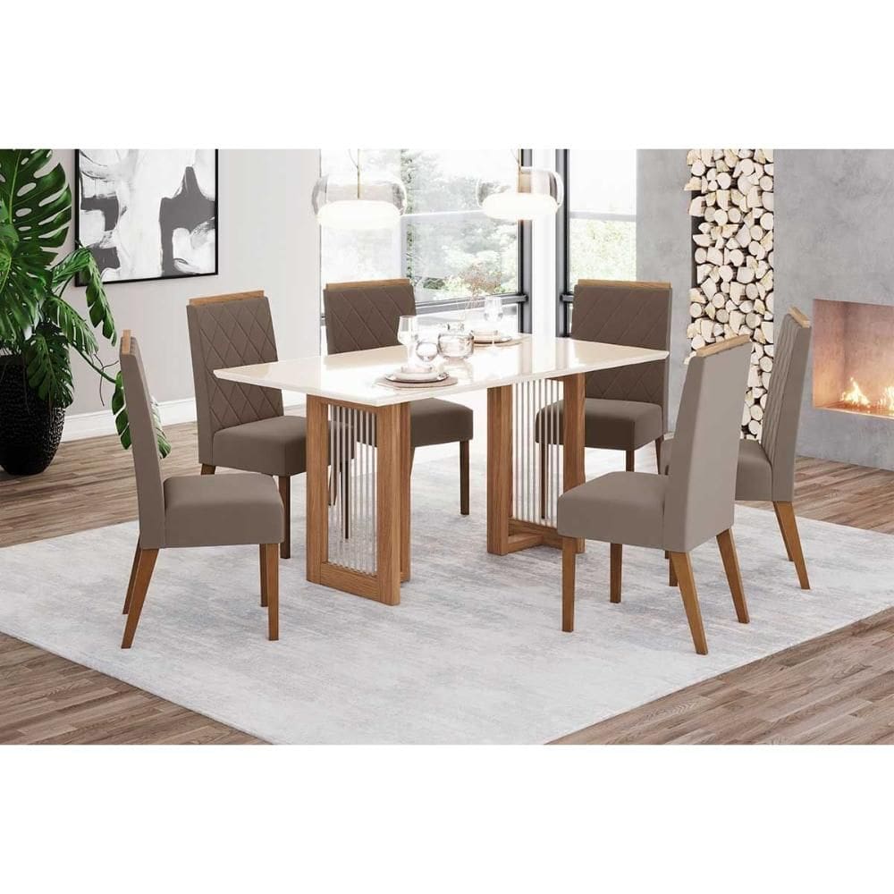 Conjunto: Mesa de Cozinha Yara c/ Tampo Madeirado c/ Vidro Curvo 160x90cm e 6 Cadeiras Nina Nature/Suede Light Marrom Amêndoa - Henn