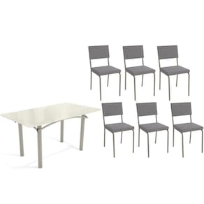 Conjunto: Mesa Sala Jantar Elba Tampo Madeirado c/ Vidro 160cm e 6 Cadeiras Zaria Niquel/Off White - Suede Cinza - Kappesberg