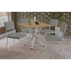 Conjunto: Mesa de Cozinha Volga c/ Tampo de Madeira 90cm e 4 Cadeiras Zaria Cromada/Nogueira - Suede Cinza - Kappesberg