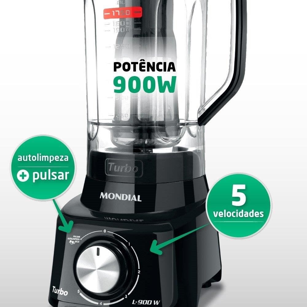 Liquidificador Mondial L-900 com Filtro - Copo de Acrílico, 5 Velocidades + Pulsar, 900W, Preto
