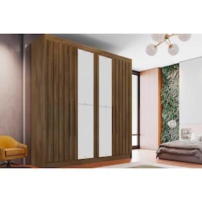 Guarda Roupa 4 Portas Ripadas (2 c/ Espelho) e 3 Gavetas Potente Braúna - Europa
