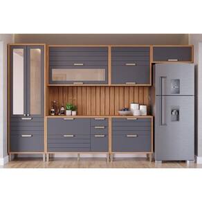 Módulo Cozinha MGM Eloise 8 Peças (3Aéreos+2Balcões+1Cristaleira+2Complementos) C8P179 Freijo/Titanium-MGM