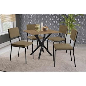 Conjunto: Mesa de Cozinha Volga c/ Tampo de Madeira 90cm e 4 Cadeiras Zaria Preto/Nogueira - Suede Bege - Kappesberg