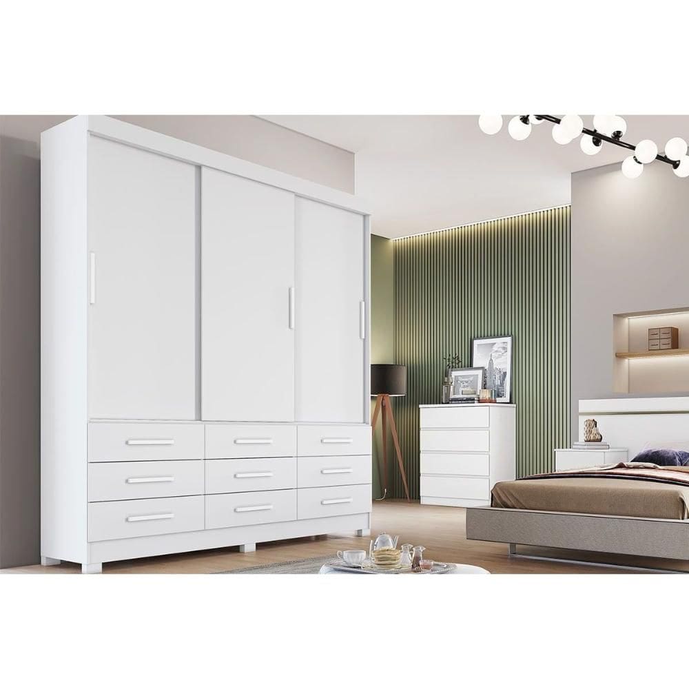 Guarda Roupa 3 Portas e 9 Gavetas Buriti/Jequitibá Neve - Novo Horizonte