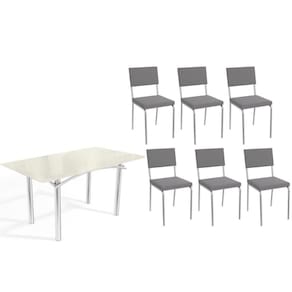 Conjunto: Mesa de Cozinha Elba Tampo Madeirado c/ Vidro 160cm e 6 Cadeiras Zaria Cromada/Off White - Suede Cinza - Kappesberg