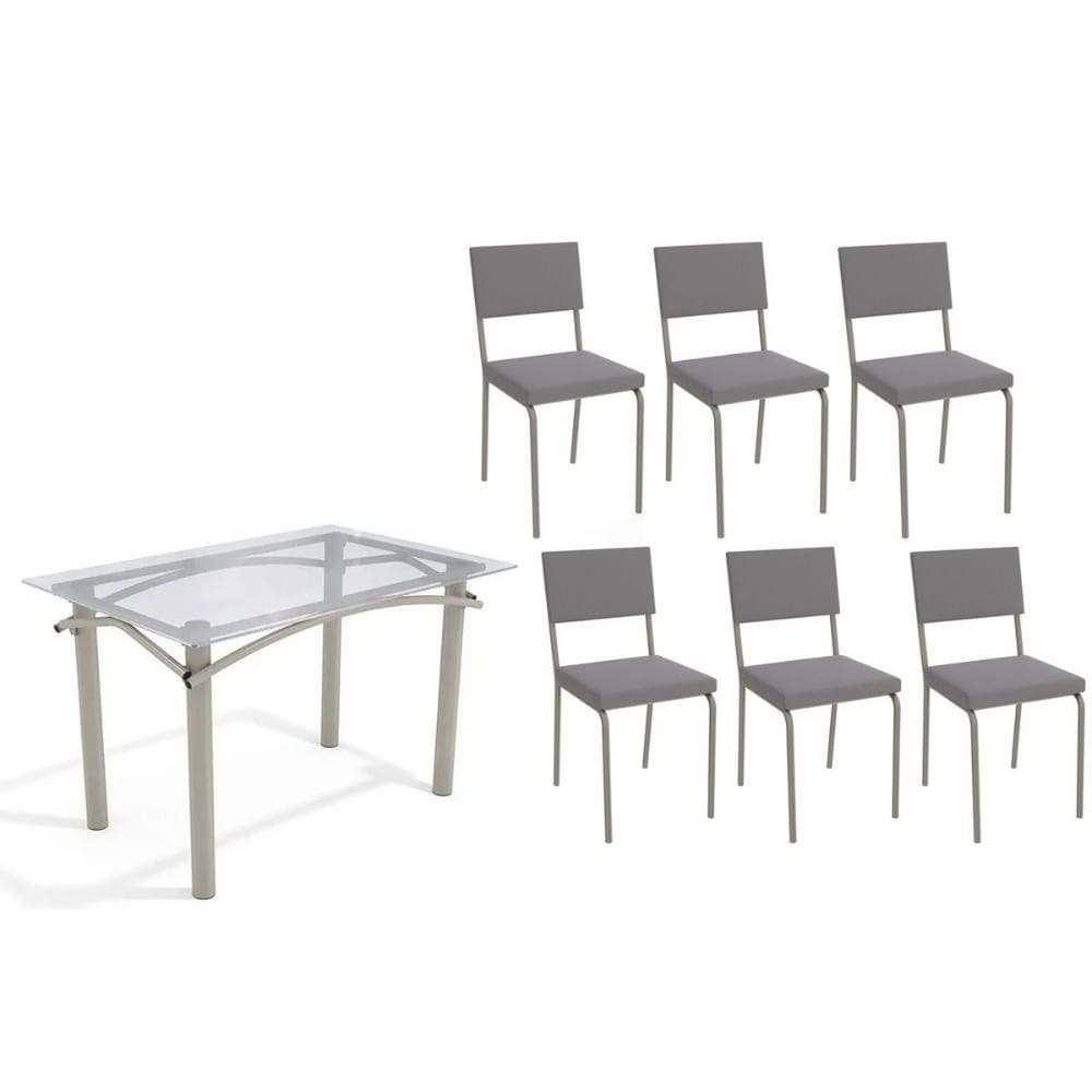 Conjunto: Mesa Sala Jantar Elba c/ Tampo de Vidro 120cm e 6 Cadeiras Zaria Niquel - Suede Cinza - Kappesberg
