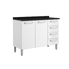 Gabinete p/ Pia Cozinha Balcão c/ Tampo Evidence 7126 c/ 2 Portas e 4 Gavetas 120cm Branco - Bertolini