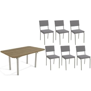 Conjunto: Mesa de Cozinha Elba c/ Tampo de Madeira 160cm e 6 Cadeiras Zaria Niquel/Nogueira - Suede Cinza - Kappesberg