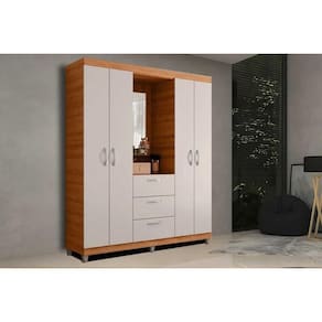 Guarda Roupa 4 Portas e 3 Gavetas c/ 1 Espelho Clapton Freijo/Off White - Caemmun
