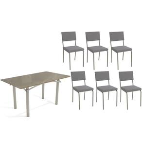 Conjunto: Mesa de Cozinha Elba Tampo Madeirado c/ Vidro 160cm e 6 Cadeiras Zaria Niquel/Freijo Bronze - Suede Cinza - Kappesberg