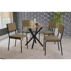 Conjunto: Mesa Sala Jantar Volga c/ Tampo de Vidro 90cm e 4 Cadeiras Zaria Preto - Suede Bege - Kappesberg