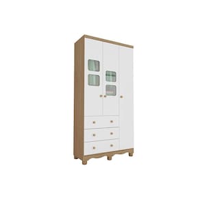 Guarda Roupa 3 Portas c/ (2 Cristal) e 3 Gavetas Uli Branco/Amendoa - Peroba