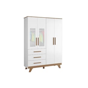 Guarda Roupa 3 Portas c/ 4 Portas (2 Cristal) e 4 Gavetas Retrô Branco/Amendoa - Peroba