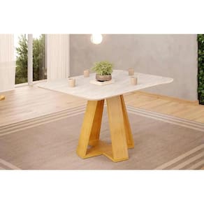 Mesa p/ Cozinha Kiara c/ Tampo Madeirado c/ Vidro Curvo 120x90cm Cedro/Quartzo - DJ Móveis