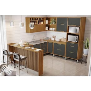 Cozinha Modulada Completa Imperatriz 9 Peças (3Aéreos+4Balcões+1TorreQuente+1Ilha) C9P62 Freijo/Grafite - Nesher