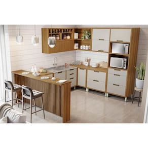 Cozinha Modulada Nesher Imperatriz 9 Peças (3Aéreos+4Balcões+1TorreQuente+1Ilha) C9P62 Freijo/Off White-Nesher