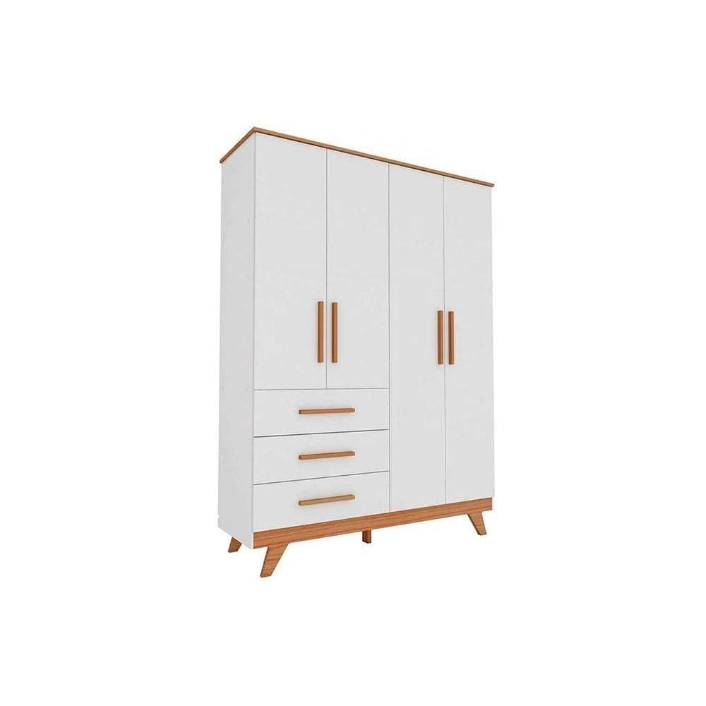 Guarda Roupa 4 Portas c/ e 3 Gavetas Retrô Branco/Amendoa - Peroba