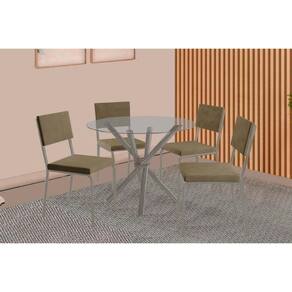 Conjunto: Mesa Sala Jantar Volga c/ Tampo de Vidro 95cm e 4 Cadeiras Zaria Niquel - Suede Bege - Kappesberg