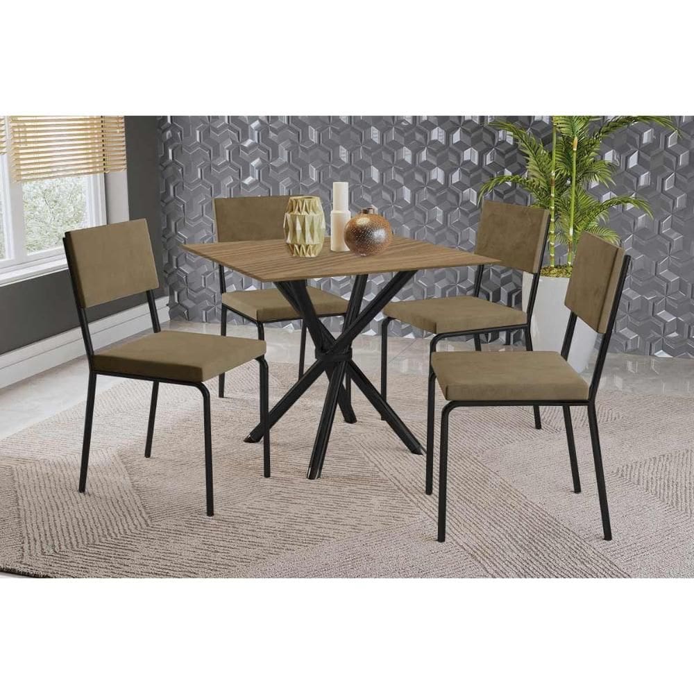 Conjunto: Mesa Sala Jantar Volga c/ Tampo de Madeira 90cm e 4 Cadeiras Zaria Preto/Nogueira - Suede Bege - Kappesberg