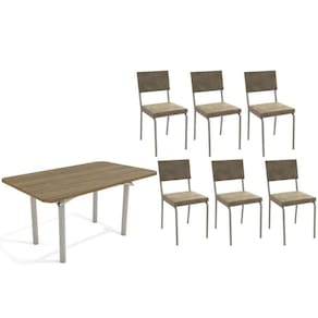 Conjunto: Mesa Sala Jantar Elba c/ Tampo de Madeira 160cm e 6 Cadeiras Zaria Niquel/Nogueira - Suede Bege - Kappesberg
