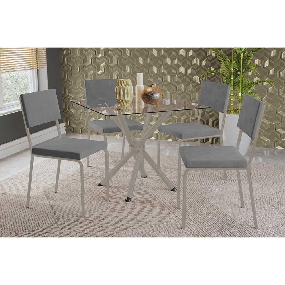 Conjunto: Mesa Sala Jantar Volga c/ Tampo de Vidro 90cm e 4 Cadeiras Zaria Niquel - Suede Cinza - Kappesberg