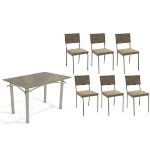 Conjunto: Mesa Sala Jantar Elba Tampo Madeirado c/ Vidro 120cm e 6 Cadeiras Zaria Niquel/Freijo Bronze - Suede Bege - Kappesberg