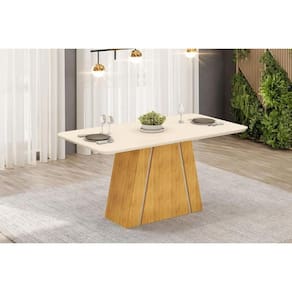 Mesa p/ Cozinha Gabi c/ Tampo Madeirado c/ Vidro Curvo 170x90cm Cedro/Off White - DJ Móveis