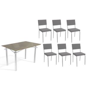 Conjunto: Mesa Sala Jantar Elba Tampo Madeirado c/ Vidro 120cm e 6 Cadeiras Zaria Cromada/Freijo Bronze - Suede Cinza - Kappesberg