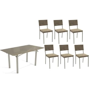 Conjunto: Mesa de Cozinha Elba Tampo Madeirado c/ Vidro 160cm e 6 Cadeiras Zaria Niquel/Freijo Bronze - Suede Bege - Kappesberg