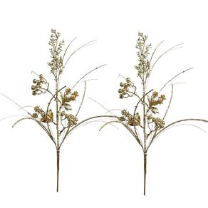 Jogo 2 Galhos Natalino Decorativo Flores e Berries Glitter Dourado Brilho Luxo 72cm - Magizi