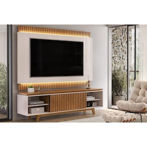 Rack Bancada c/ Painel p/ TV até 75 Pol Loren Nicho 201x58cm Freijo/Off White - DJ Móveis