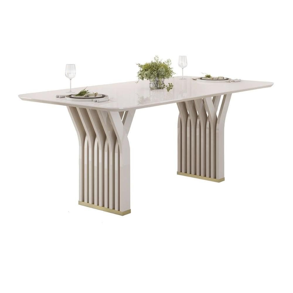 Mesa de Sala Jantar Yara c/ Tampo Madeirado c/ Vidro Curvo 170x90cm Off White/Off White - DJ Móveis