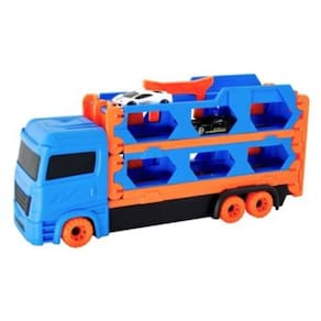 Caminhao Cegonha Transport com 2 Carrinhos Miniatura DM Toys Vira Pista e Ejeta os Carros Brinquedo Infantil Recreativo