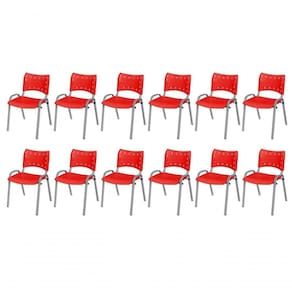 Cadeira Iso Base Cinza Escola, Escritório Vermelho Kit 12 Un