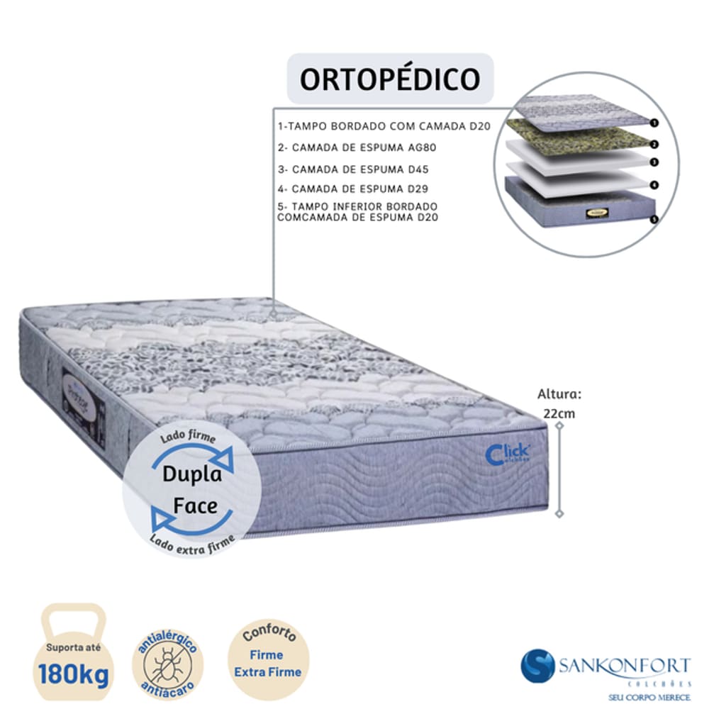 Colchão Sankonfort Protege Espuma Plus 90 Solteiro 88x188x22