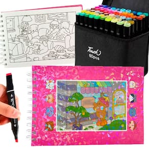Livro Pintar Colorir Ursinho Fofo 100 Paginas Canetinhas 60 Cores Ponta Dupla Permanente