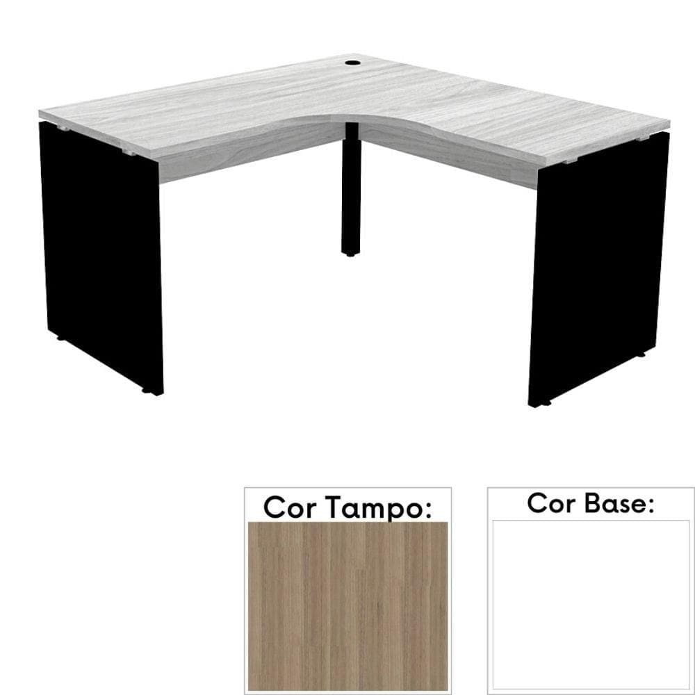 Mesa de Escritório em L Pé Painel PE25 em MDP 155 x 155 x 60 cm Cor Noce Naturalle e Base Branca
