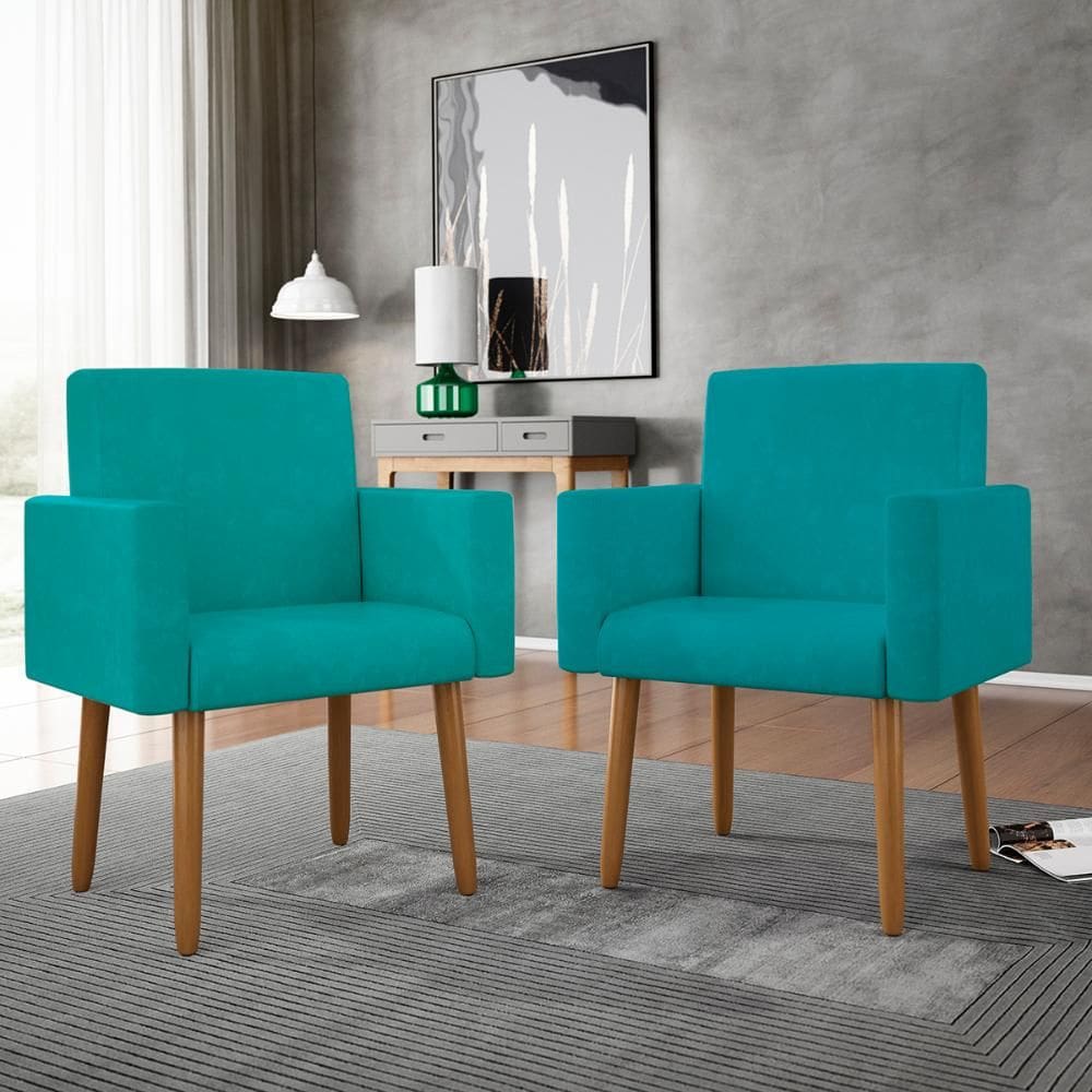 Kit 2 Poltronas Pés Palito Nina Suede Azul Turquesa