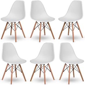 Conjunto com 6 Cadeiras Eiffel Brancas – Design Moderno com Base de Madeira Pé Palito