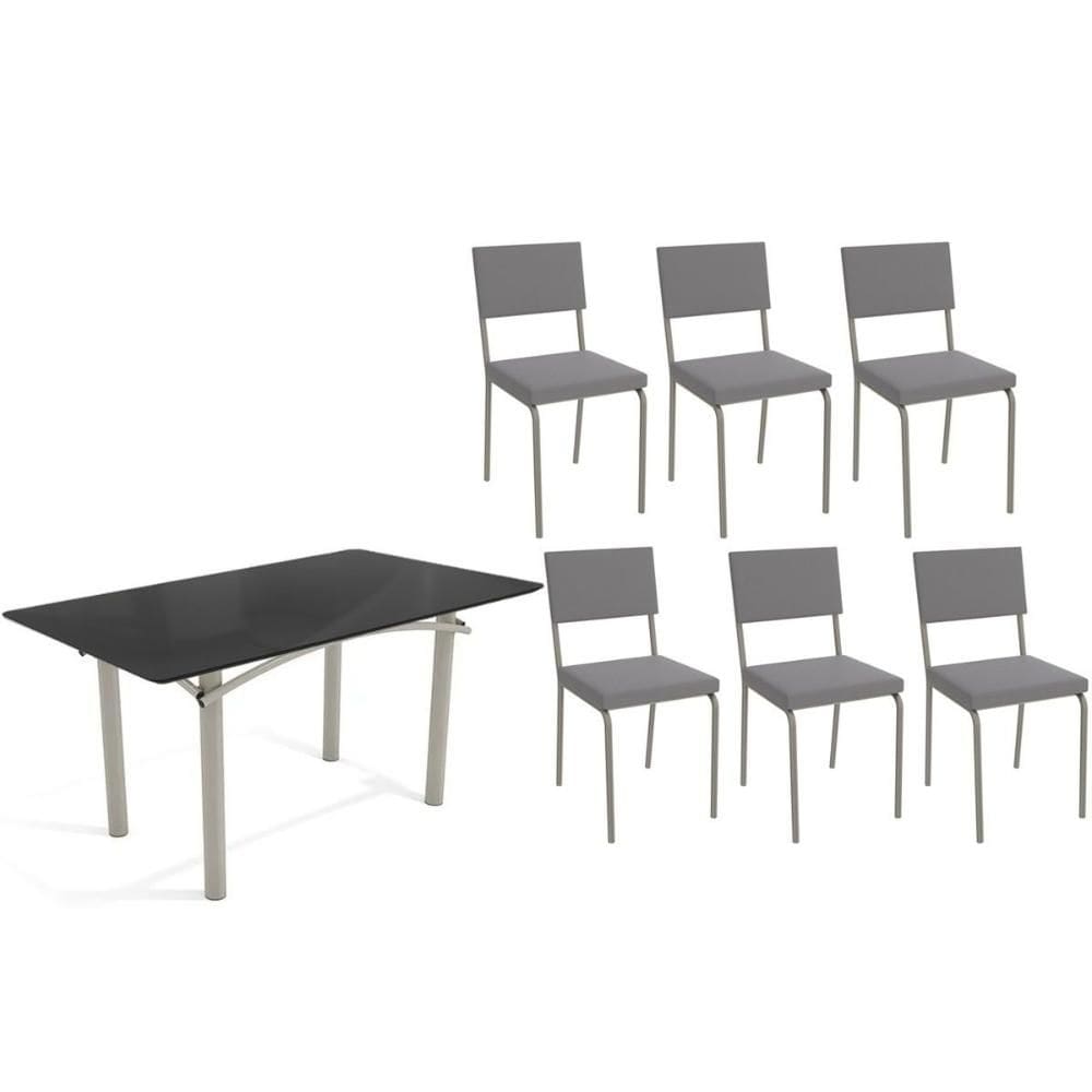 Conjunto: Mesa de Cozinha Elba Tampo Madeirado c/ Vidro 160cm e 6 Cadeiras Zaria Niquel/Preto - Suede Cinza - Kappesberg