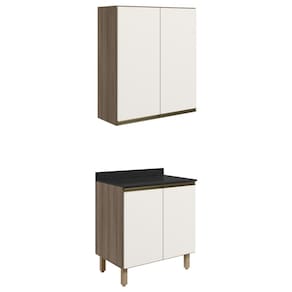 Armario Aereo Balcao 2 Portas 80cm MDF Kali Carvalho Toq Off White Cetim Nicioli