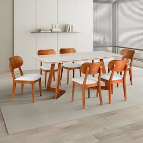 Conjunto Mesa Espanha com 6 Cadeiras de Madeira Maciça, Multilaminada e Estofada Letícia Champagnhe/Off White