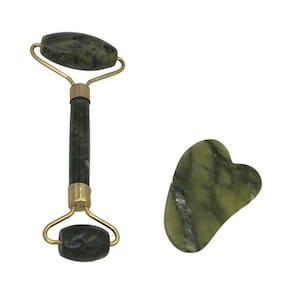 Rolo Pedra De Jade + Placa Gua Sha Massagem Facial Anti Ruga