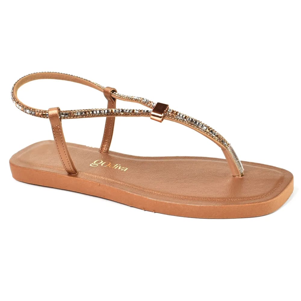 Rasteira Flat Godiva Feminina Casual Tiras Brilhantes Bronze