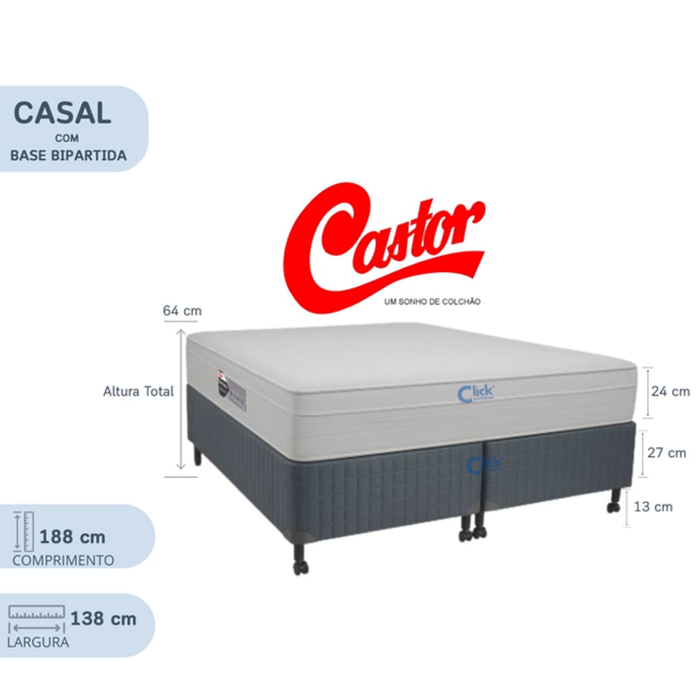 Conjunto Castor Casal Colchão Class New Tecnopedic One Face + Base Box Silver Star Bipartida Cinza 138x188x64